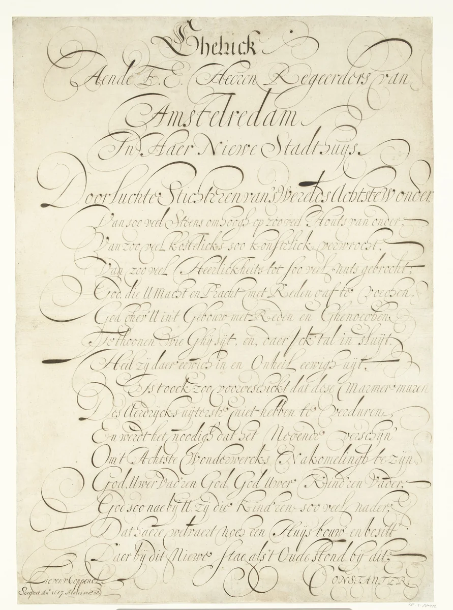 Kalligrafisch schrift opgedragen aan het stadsbestuur van Amsterdam ter gelegenheid van het nieuwe Stadhuis by Lieven Willemsz. Coppenol, other, 1657