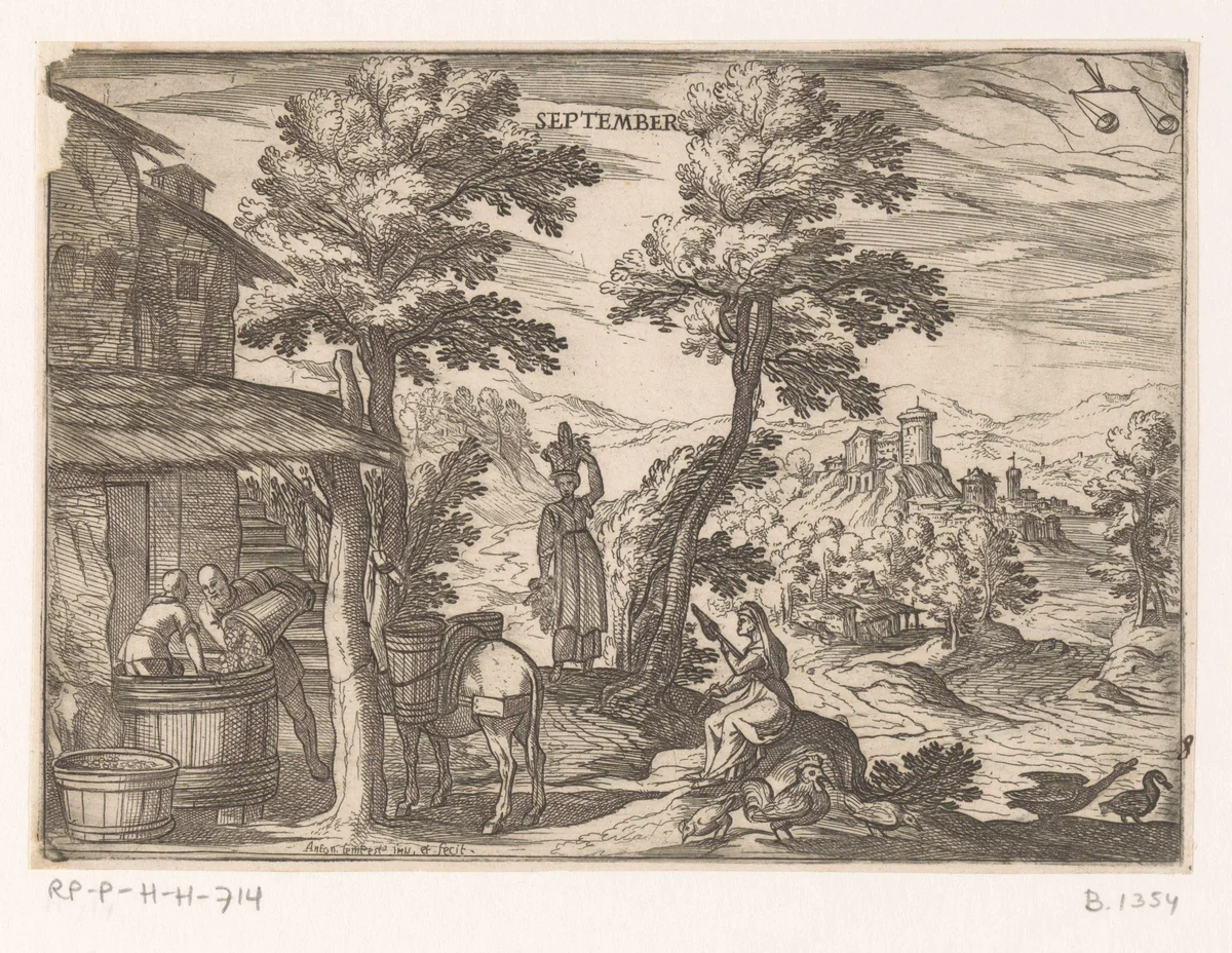 September: wijn maken (weegschaal) by Unknown, print, 1575-1613