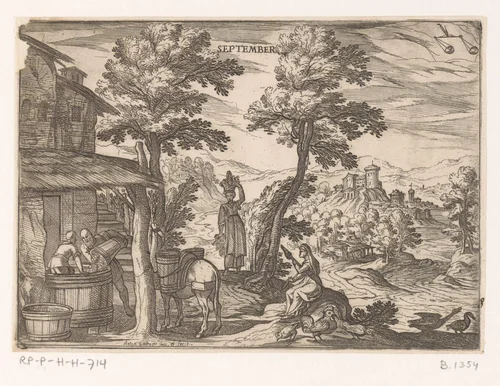 September: wijn maken (weegschaal) by Unknown, print, 1575-1613