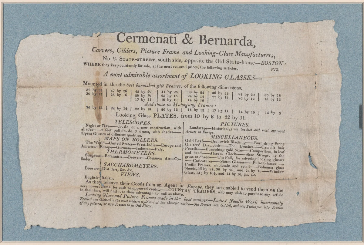 Printed Advertisement by Cermenati & Bernarda, print, 1805-1808