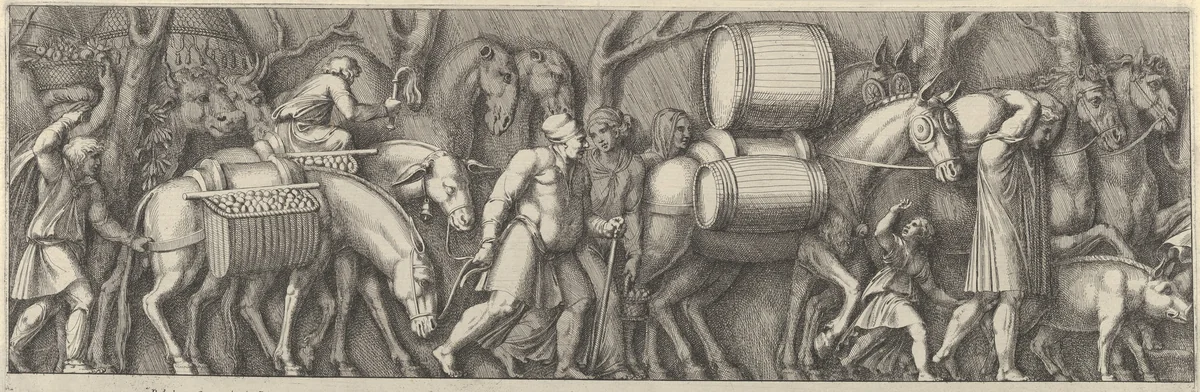 Plate 4: animals transporting goods being led by figures going to the right by Pietro Santi Bartoli, print, 1655-1665
