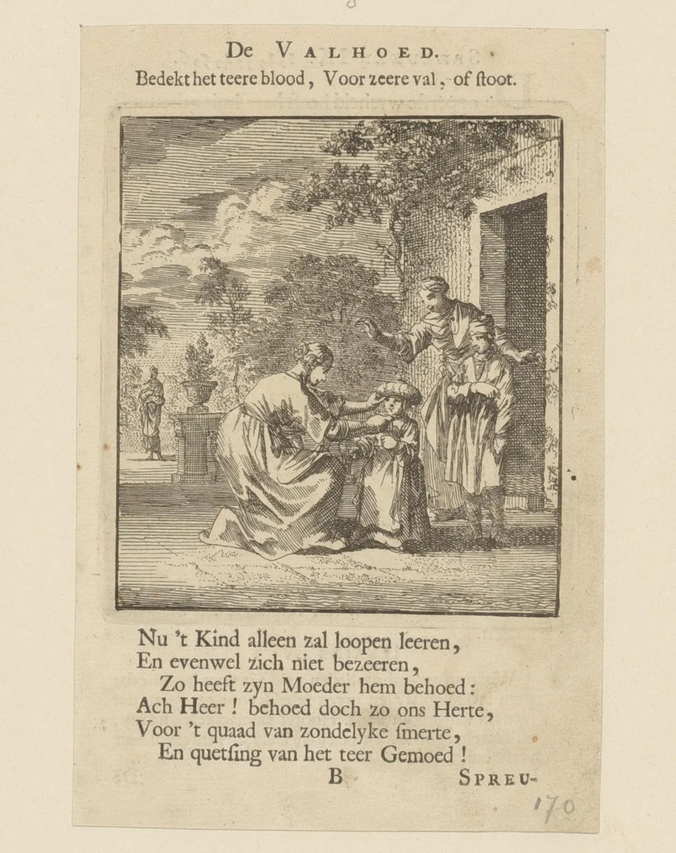 Kind krijgt een valhoed opgezet by Jan Luyken, print, 1712