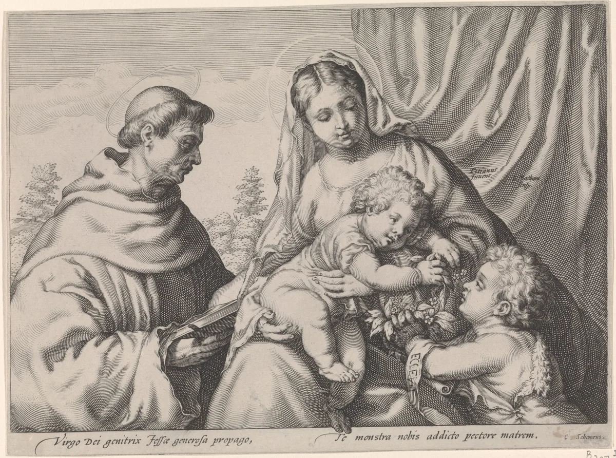 Maria met Kind, Johannes de Doper en H. Franciscus by Unknown, print, 1592-1596