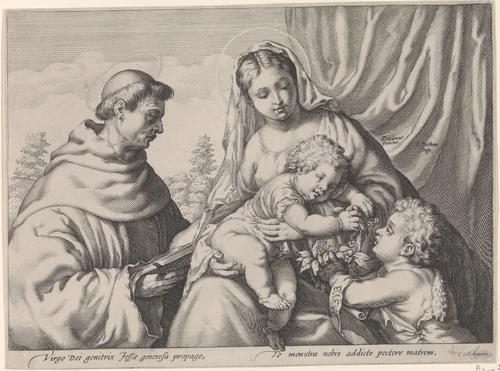 Maria met Kind, Johannes de Doper en H. Franciscus by Unknown, print, 1592-1596