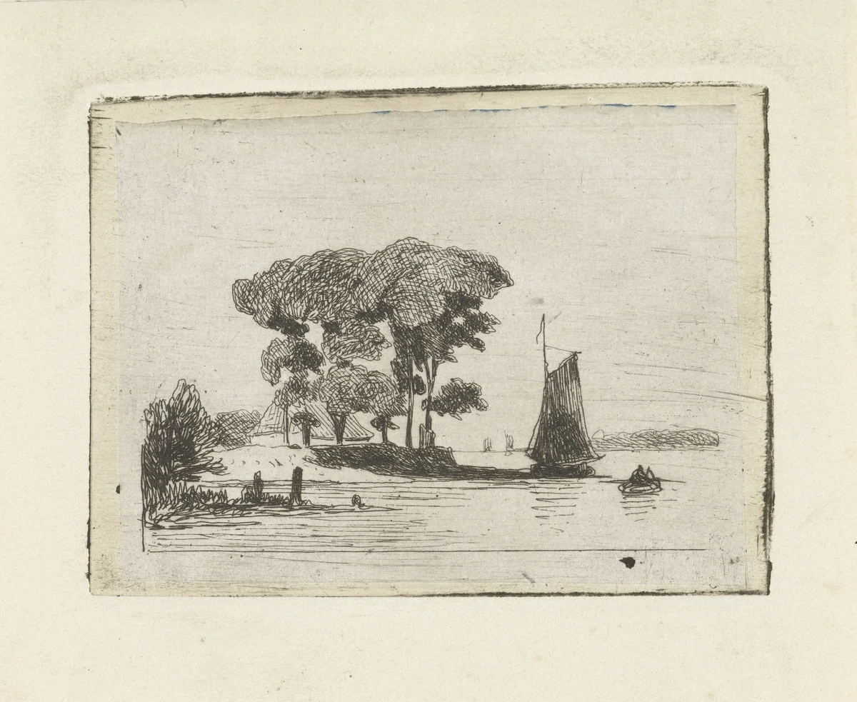 Rivierlandschap met zeilschip en bomen by Lambertus Hardenberg, print, 1837-1900