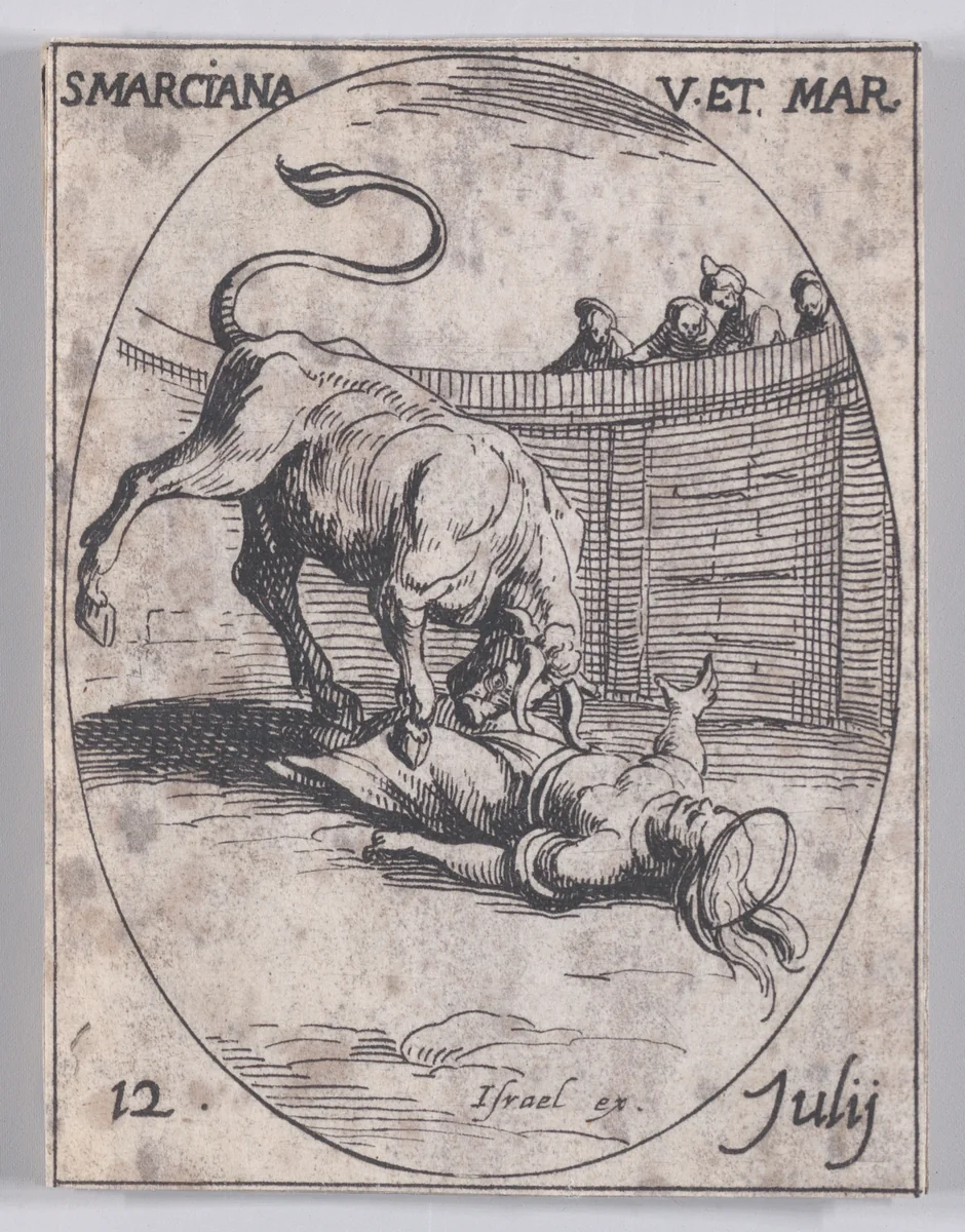 Ste. Marcienne, vierge et martyre (St. Marciana, Virgin and Martyr), July 12th, from "Les Images De Tous Les Saincts et Saintes de L'Année" (Images of All of the Saints and Religious Events of the Year) by Jacques Callot, print, 1636