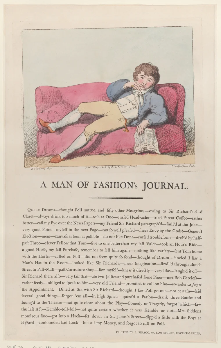 A Man of Fashion's Journal by Thomas Rowlandson, print, 1802