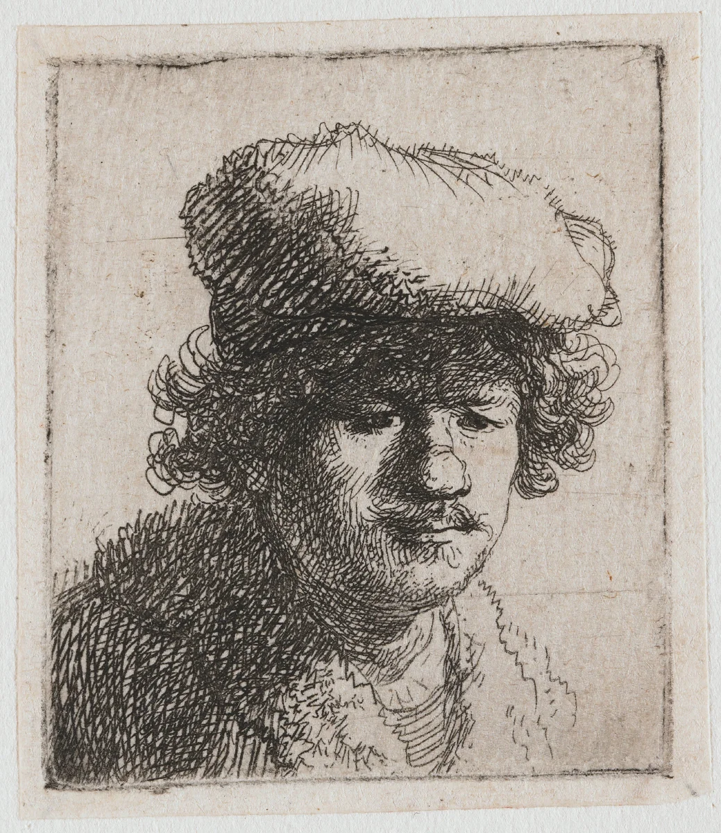 Self-portrait with Cap Pulled Forward by Rembrandt van Rijn, print, 1630
