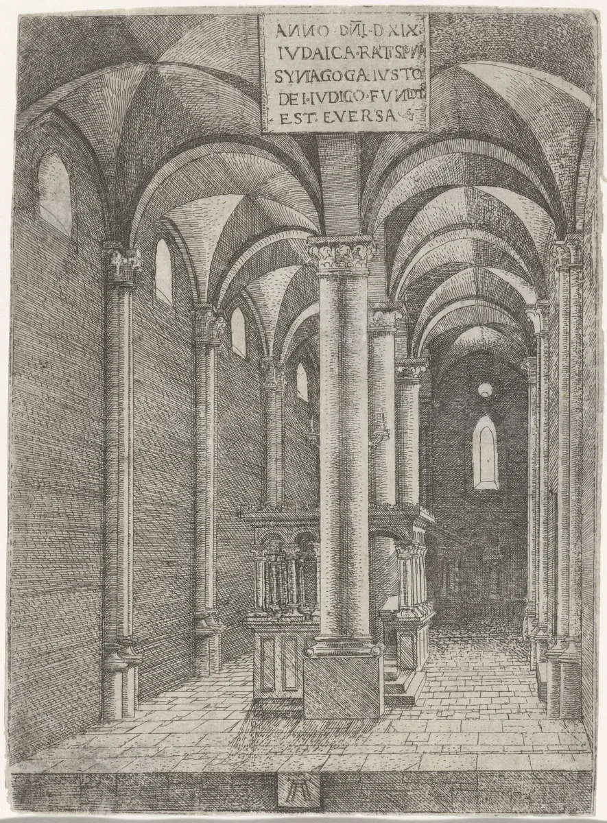 Interieur van de synagoge te Regensburg by Unknown, print, 1519