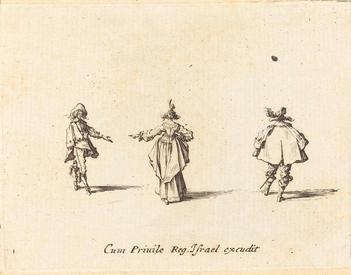 Lady with Outstretched Arm, Seen from Behind, and Two Gentlemen by Jacques Callot, print, 1628-1638