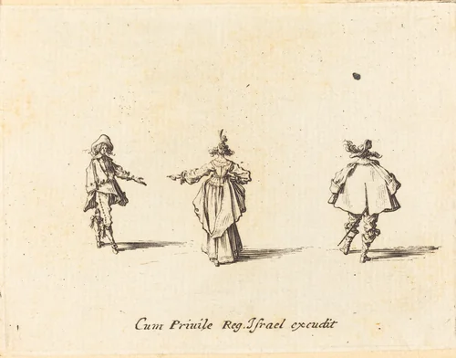 Lady with Outstretched Arm, Seen from Behind, and Two Gentlemen by Jacques Callot, print, 1628-1638