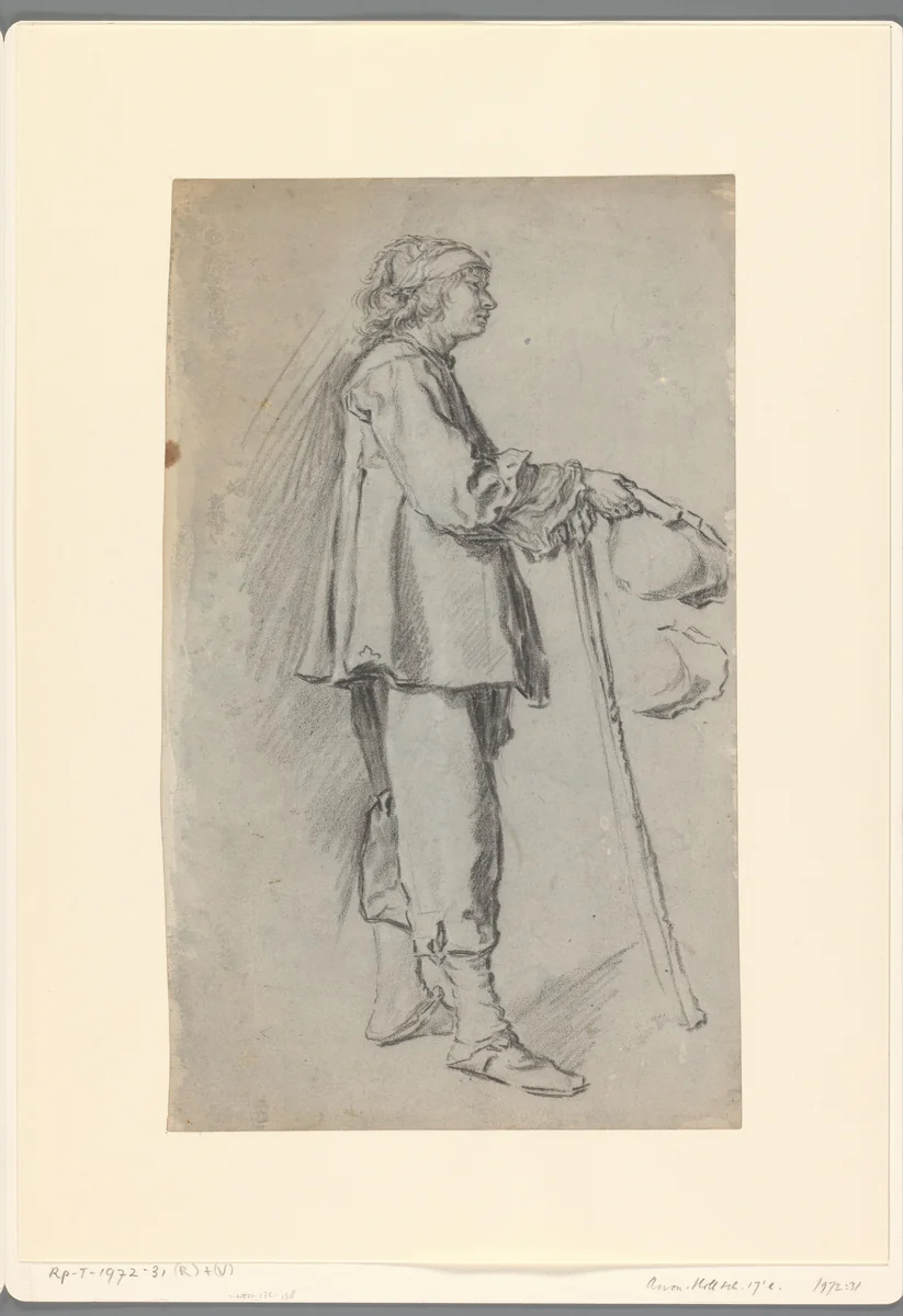 Studie van een staande man met een stok en een hoed by anonymous, drawing, 1600-1699