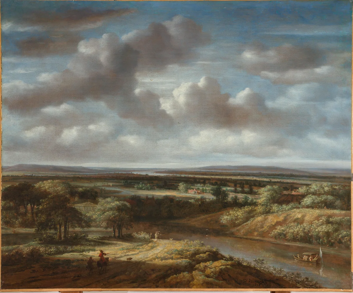 River Landscape by Philips Koninck, painting, 1676