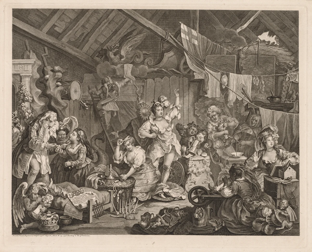 Strolling Actresses Dressing in a Barn by William Hogarth, print, 1738
