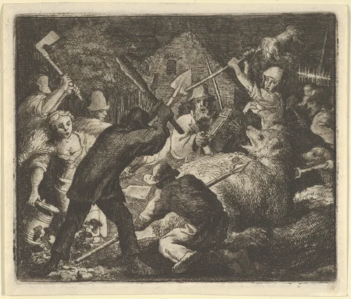 The Bear is Attacked by the Peasants from Hendrick van Alcmar's Renard The Fox by Allart van Everdingen, print, 1650-1675