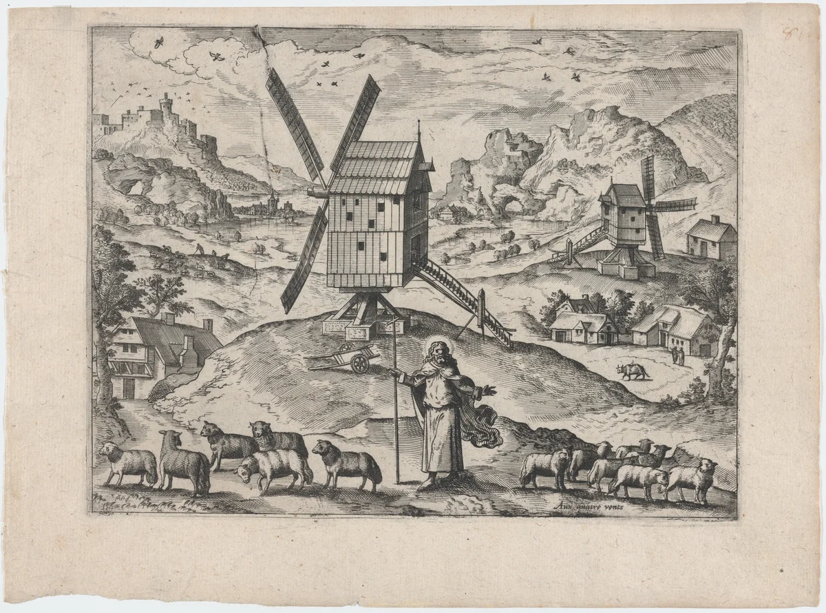 Landscape with Windmills and Christ as Good Shepherd by Lucas Gassel, print, 1555-1575