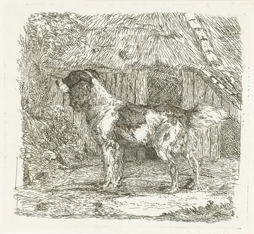 Hond staand bij hok by Jan Dasveldt, print, 1780-1855