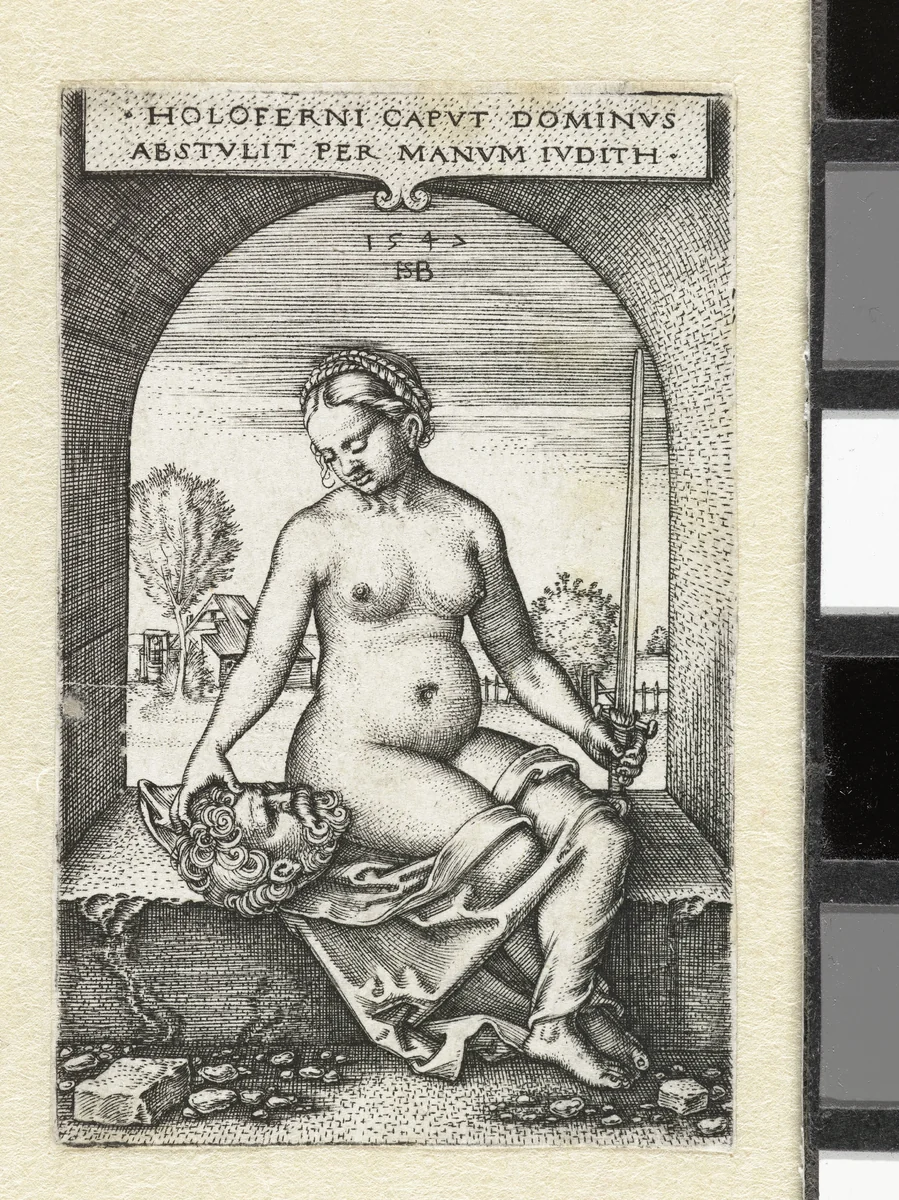 Judith met hoofd van Holofernes in raamopening by Unknown, print, 1547