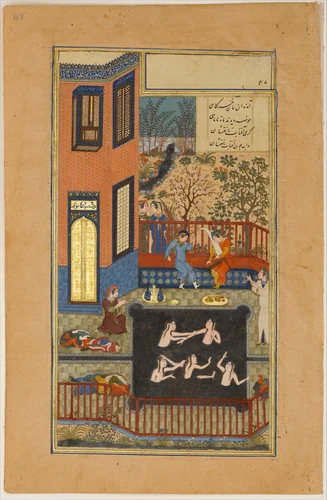 "The Eavesdropper", Folio 47r from a Haft Paikar (Seven Portraits) of the Khamsa (Quintet) of Nizami of Ganja by Maulana Azhar, manuscript, 1405-1455