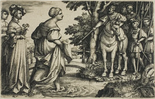 The Queen of Sheba Avoiding the Wooden Bridge by Georg Pencz, print, 1525-1535