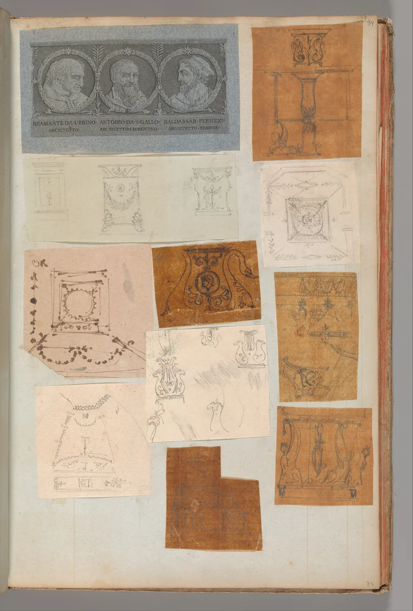 Page from a Scrapbook containing Drawings and Several Prints of Architecture, Interiors, Furniture and Other Objects by Charles Percier, book, 1795-1805