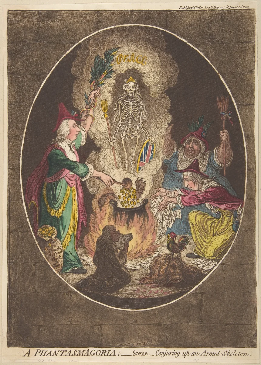 A Phantasmagoria; — Scene – Conjuring-Up an Armed-Skeleton by James Gillray, print, 1803