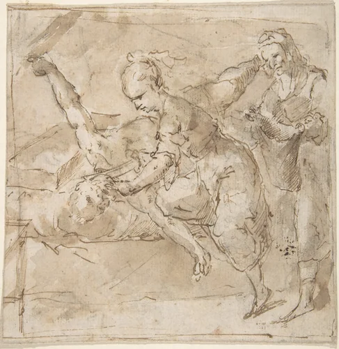Judith Slaying Holofernes, with Old Woman Servant by anonymous, drawing, 1600-1700