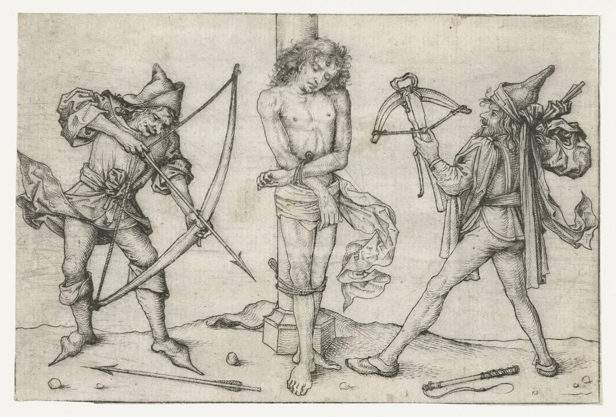 Heilige Sebastiaan met boogschutters by Meester van het Amsterdamse Kabinet, print, 1475-1480