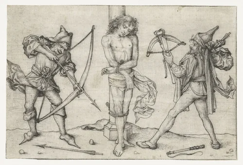 Heilige Sebastiaan met boogschutters by Meester van het Amsterdamse Kabinet, print, 1475-1480