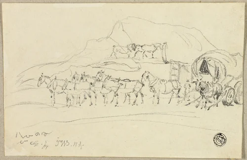 Wagon with Eight Horses Being Hitched by John Ward, drawing, 1818-1849