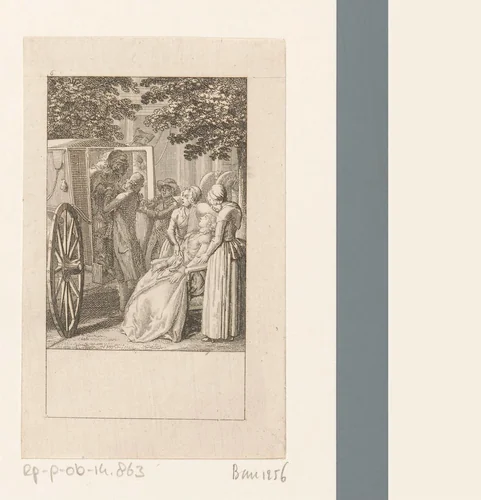 Caroline valt flauw als ze hoort dat Lindorf niet aanwezig is by Daniel Nikolaus Chodowiecki, print, 1786