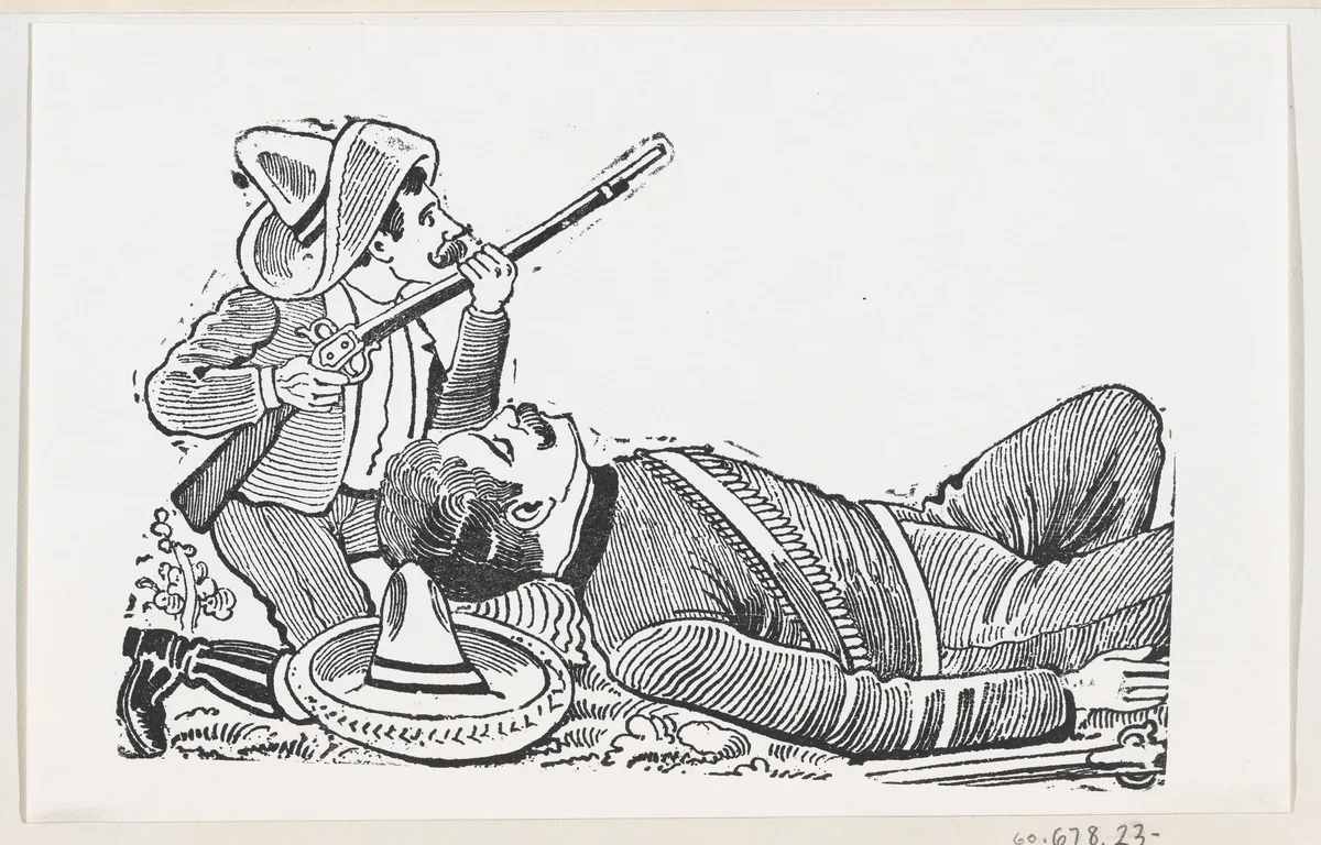 A revolutionary holding a rifle and kneeling to protect a fallen revolutionary by José Guadalupe Posada, print, 1875-1885