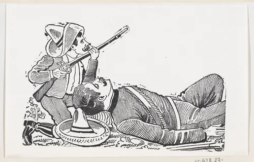 A revolutionary holding a rifle and kneeling to protect a fallen revolutionary by José Guadalupe Posada, print, 1875-1885