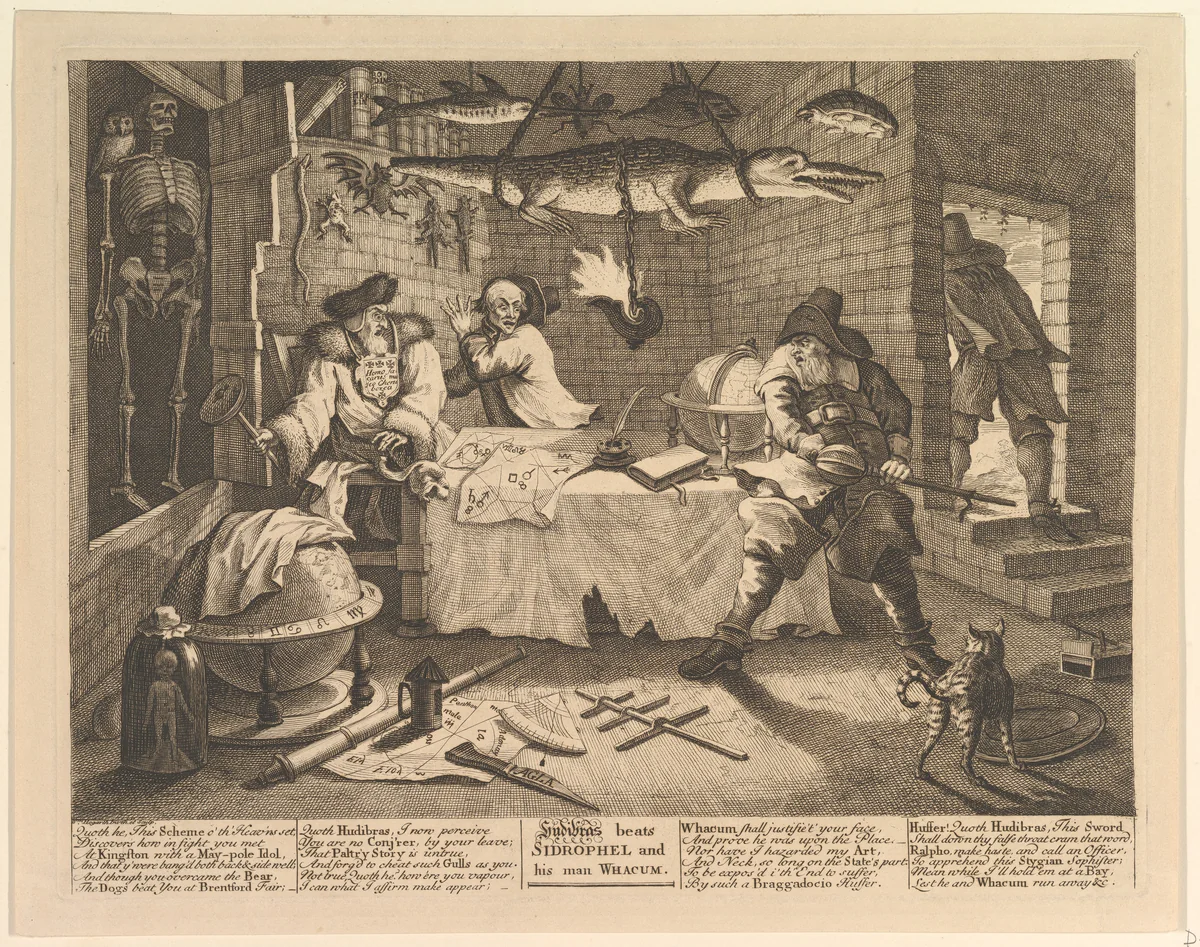 Hudibras beats Sidrophel and his man Whacum (Twelve Large Illustrations for Samuel Butler's Hudibras, Plate 8) by William Hogarth, print, 1725-1768