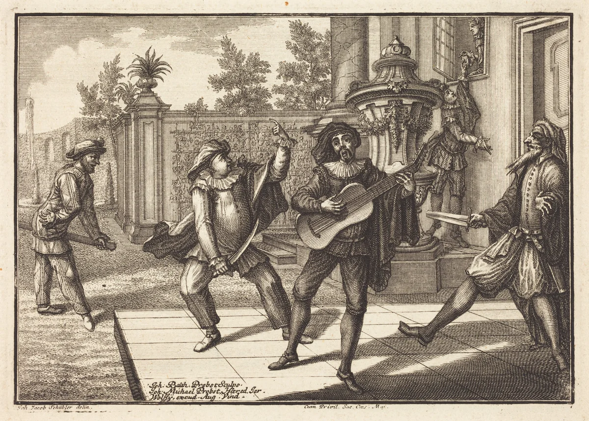 Scaramouche Distracts Pantalon by Johann Balthasar Probst
Johann Jacob Schübler, print, 1729