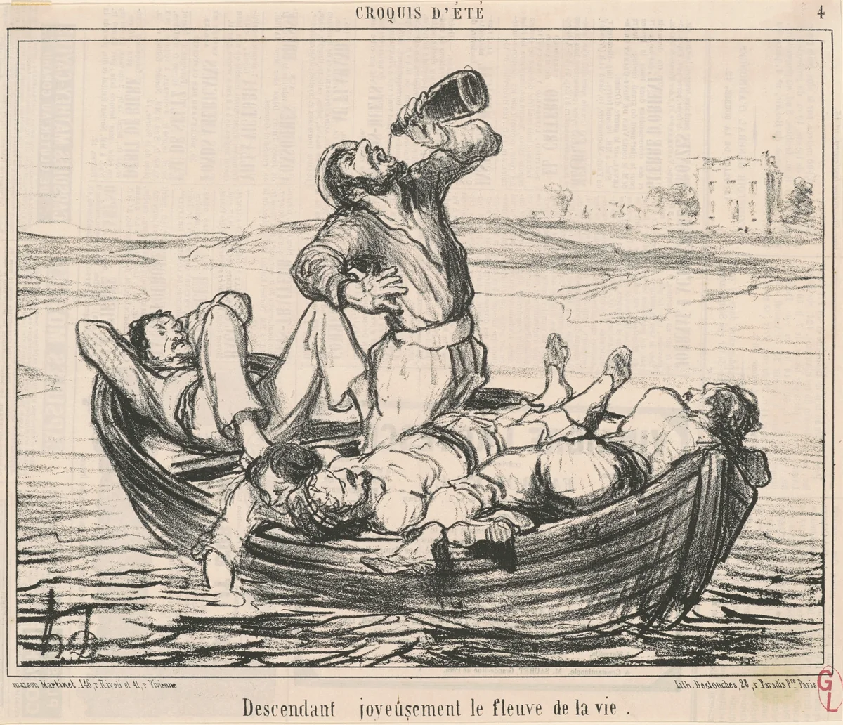 Descendant joyeusement le fleuve de la vie by Honoré Daumier, print, 1856