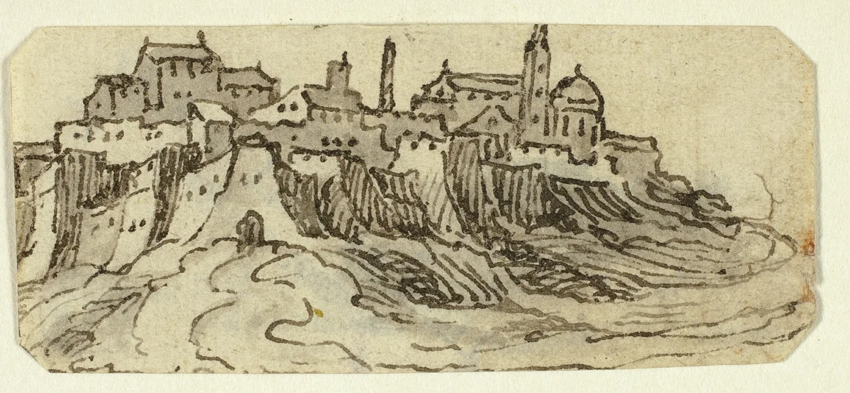 View of Hill Town with Cathedral by Unknown Artist, drawing, 1590-1709