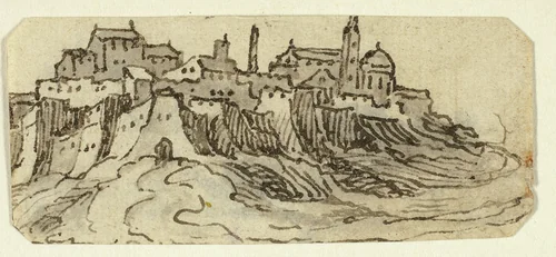 View of Hill Town with Cathedral by Unknown Artist, drawing, 1590-1709