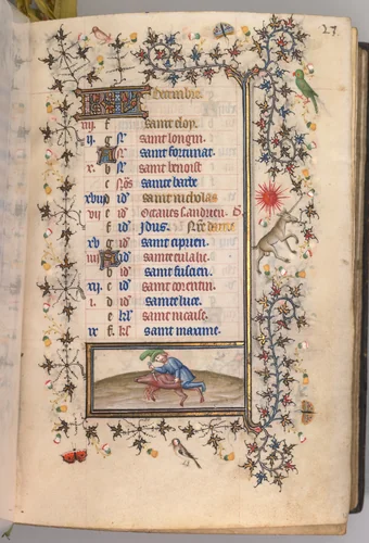Hours of Charles the Noble, King of Navarre (1361-1425): fol. 12r, December by Master of the Brussels Initials and Associates, book, 1400-1410