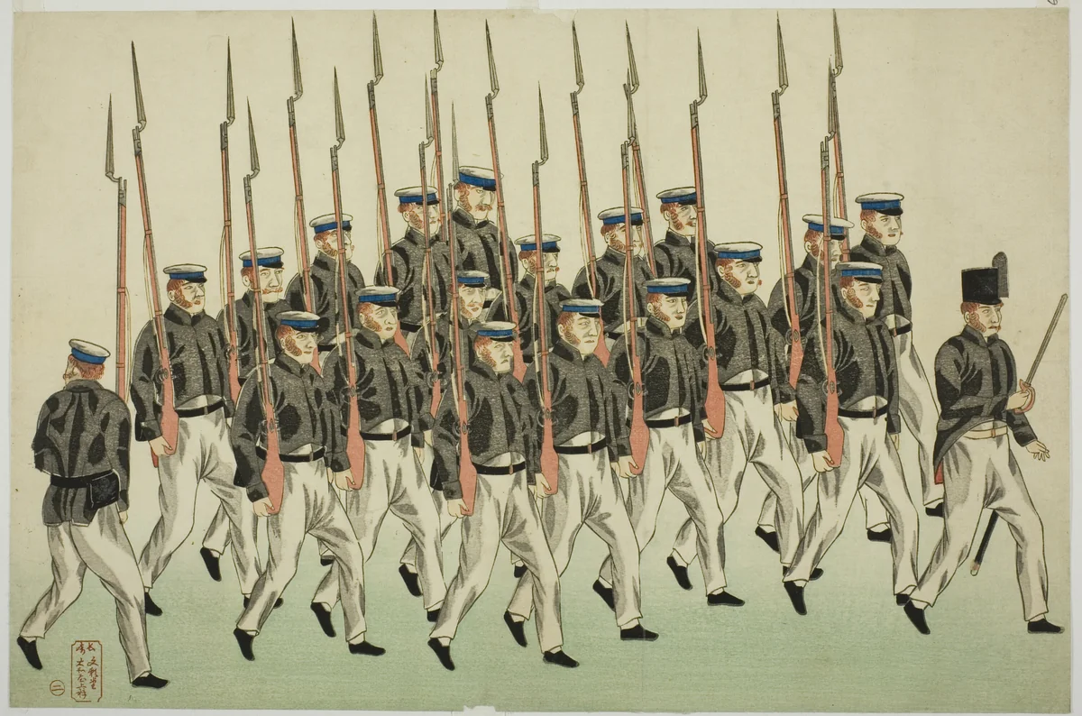 Procession of Russian Soldiers with Bayonets, from the Album of seven prints of Russian Army and Warship (Roshia seigi shashin kan) by Kawahara Keiga, print, 1853