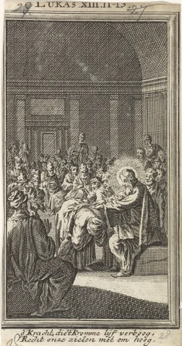 Christus legt zijn hand op de krom getrokken vrouw by anonymous, print, 1712