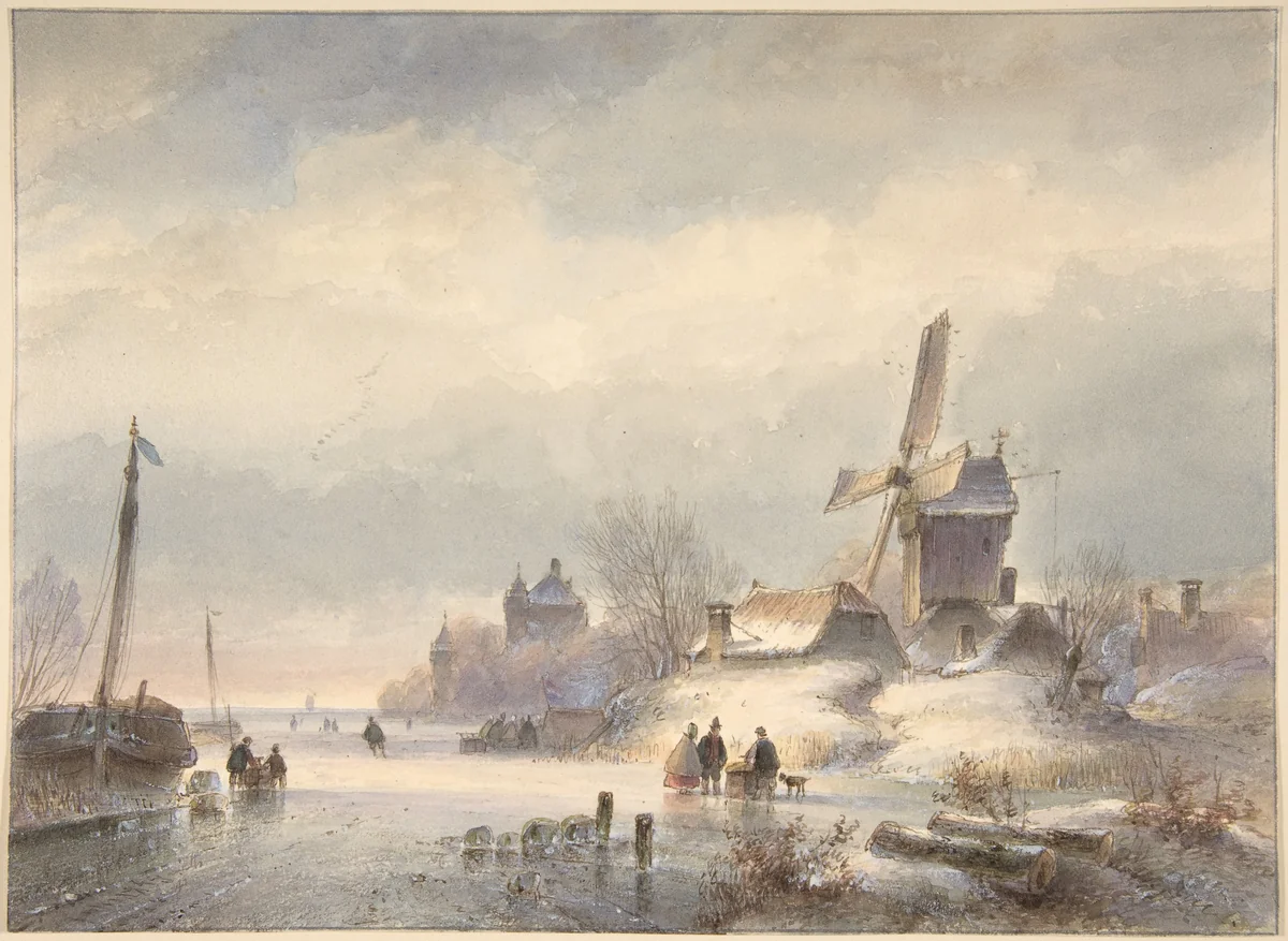 Winter Landscape with Frozen River by Lodewijk Johannes Kleijn, drawing, 1830-1897