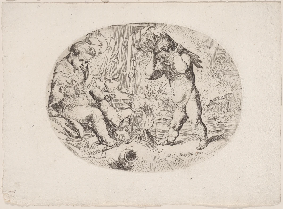 Putto at left by a fire, anther at right carrying wood, an allegory of the seasons (Winter) an oval composition by anonymous, print, 1650-1680