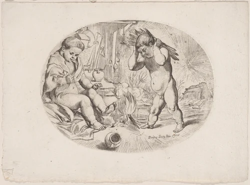 Putto at left by a fire, anther at right carrying wood, an allegory of the seasons (Winter) an oval composition by anonymous, print, 1650-1680