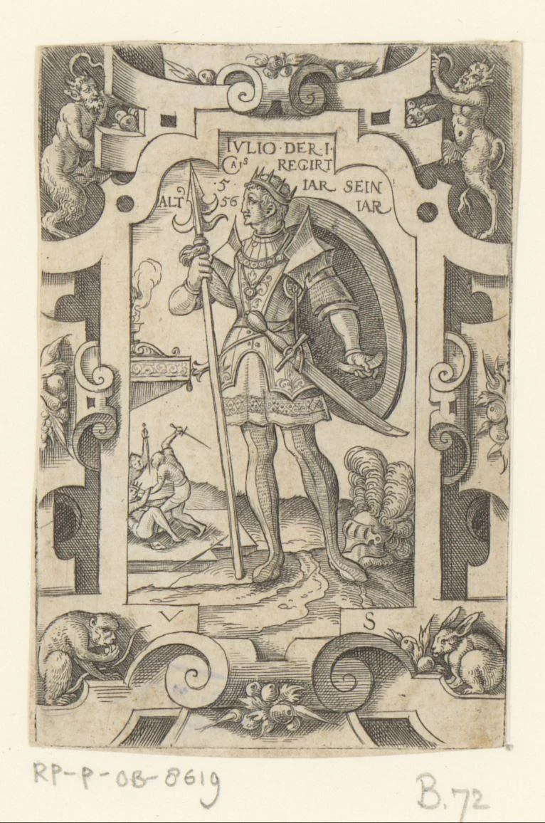 Keizer Julius Caesar in rolwerk omlijsting by Unknown, print, 1524-1562