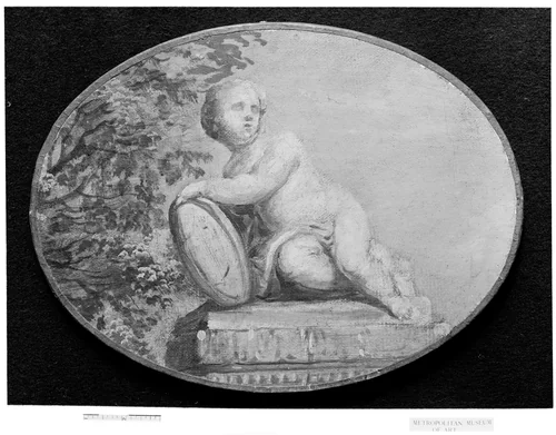 Putto on a pedestal against background of verdure by French Painter, painting, 1700-1799
