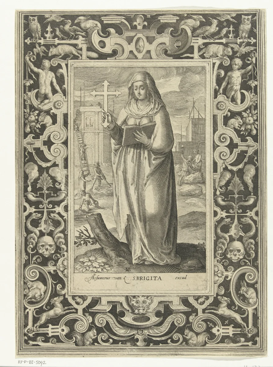 Heilige Brigitta van Zweden met kruis in omlijsting met ornamenten by Unknown, print, 1581-1656