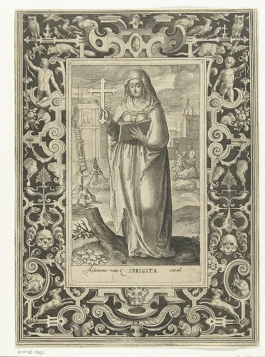 Heilige Brigitta van Zweden met kruis in omlijsting met ornamenten by Unknown, print, 1581-1656