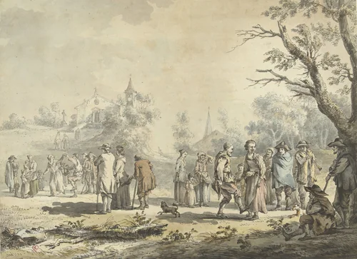 Dansende landlieden en toeschouwers bij een dorp by Jean Jacques de Boissieu, drawing, 1746-1810
