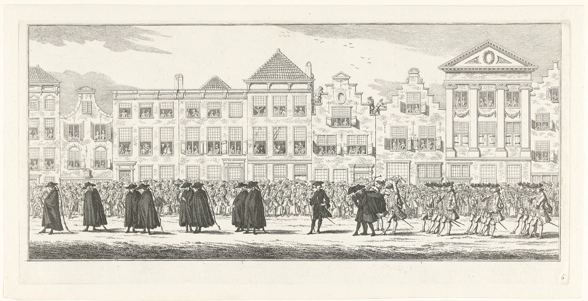 Hofdienaren in de lijkstoet van Anna van Hannover te Delft, 1759 by Simon Fokke, print, 1759-1761